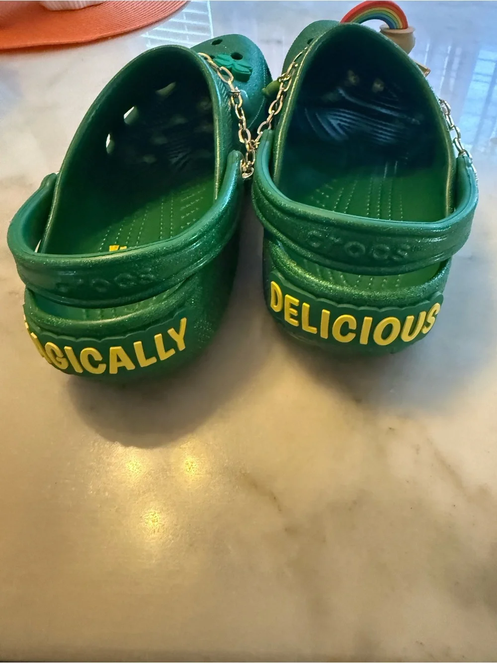 CROCS Men's Green Glitter Clogs with Charm Chain